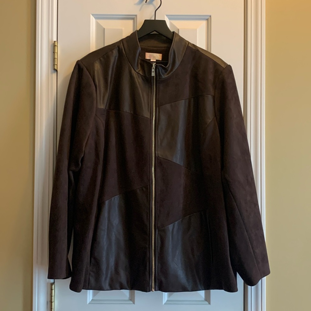 Faux butter soft vegan leather and suede jacket in the color espresso.